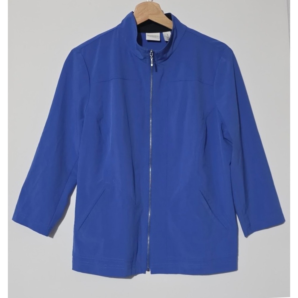 Weekends by Chicos Blue Zip Front 3/4 Sleeve Jacket Women Sz 1 Collar Minimalist